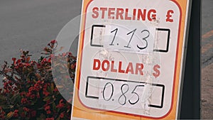 World currency exchange stand board with usd and gbp rates on the street. Currency exchange yellow board on street. Financial oper