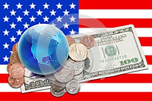 World currency - globe with money over USA banner