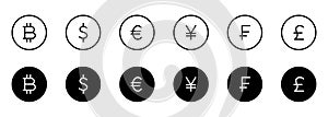 World Currency Line and Silhouette Icon Set. Euro, Usd Dollar, Bitcoin, Yen, Franc, Pound Sterling Pictogram. Money