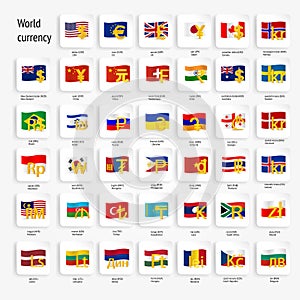 World currency symbols icon set with country flags