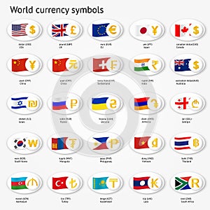 World currency symbols icon set. Money sign icons with national flags.