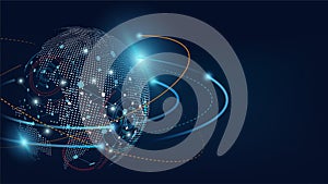 World data connecting network and communications concept with map dots and mesh on background. Abstract global telecommunication