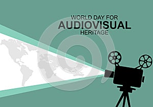 World day for audiovisual heritage background with big camera on blue color