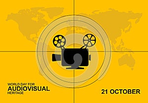 World day for audiovisual heritage background with big camera and earth map