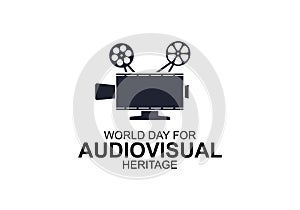 World day for audiovisual heritage background with big camera on white color