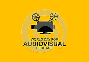 World day for audiovisual heritage background with big camera on yellow color