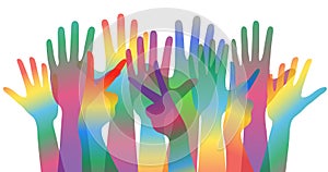 World day of cultural diversity concept banner or poster with many colorful human hands, stock vector illustration