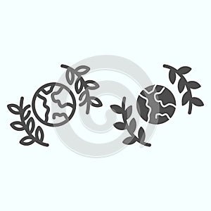 World day of peace line and solid icon. Peace day concept with globe and leaves around vector illustration isolated on