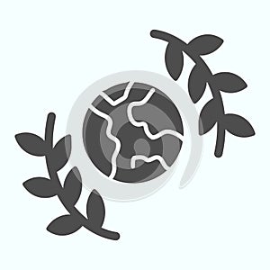 World day of peace solid icon. Peace day concept with globe and leaves around vector illustration isolated on white