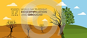 World Day to Combat Desertification and Drought - Two parts are the dry and hot tree scene and the refreshing tree scene vector