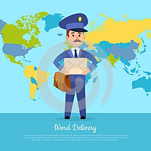 World Delivery Banner with Postman. Mailman in Suit