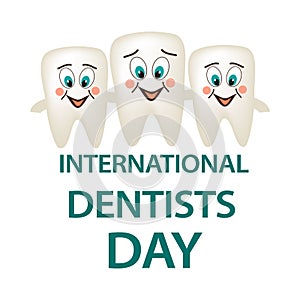 World Dental Day. International Dentist Day. A tooth with a smile embraces two small teeth. Adult tooth with their