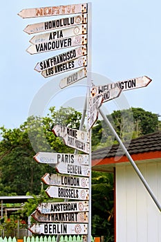 World destination signs on a signpost in Neiafu, Tonga