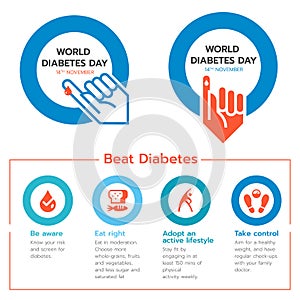 World diabetes banner day with hand blood in blue circle and Beat diabetes icon set vector design