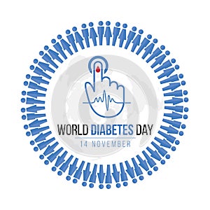 World Diabetes Day Awareness with blue Human icon circle and Blood drop on hand for blood sugar level and Wave pulse sign on map