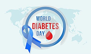 World diabetes day awareness poster blue ribbon symbol with circle ring and blood drip logo badge design on world map background