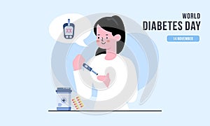 World diabetes day background, blood glucose testing meter and insulin production concept illustrati