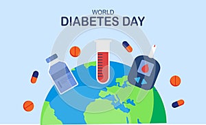 World diabetes day background, blood glucose testing meter and insulin production concept illustrati