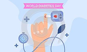 World diabetes day background, blood glucose testing meter and insulin production concept illustrati