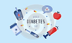 World diabetes day background, blood glucose testing meter and insulin production concept illustrati