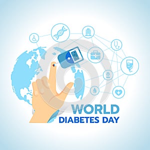 World Diabetes Day banner with Blood Sugar Test and Blood on the finger on blue world map with abstract connect link to Medical i