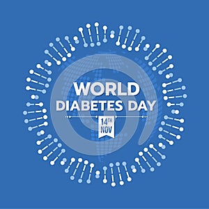 World diabetes day banner with DNA circle ring sign around text and blue earth texture background vector design