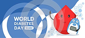 World diabetes day banner drop blood charector hold Blood Glucose Meter and icon of Medical devices and drugs related to diabetes