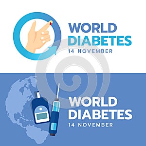 World Diabetes Day banner with hand and Blood drop sign in blue arrow circle and Blood Sugar Test on blue earth world background v