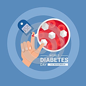 World diabetes day banner with hand blood are Glucose testing and Blood sugar zoom in blue circle ring vector design