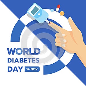 World Diabetes Day banner with hand and Blood Sugar Test and Pill vector design