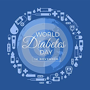 World diabetes day banner with icon diabets tools around circle world earth sign vector design