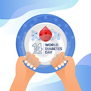 World diabetes day - hands hold blue circle symbol with drop blood and about diabetes icon hexagon signs vector design
