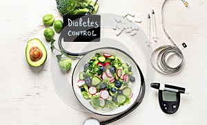 World diabetes day and healthcare concept. Diabetic measurement set, measure tape and healthy food