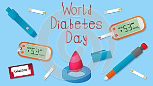 World Diabetes Day illustration. Background with glucometers, insulin pen, lancets and test strips.