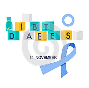 World diabetes day illustration.Cubes with disease world and lump sugar.Awareness ribbon and pills.Determination of glycated hemog
