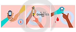 World diabetes day illustrations set.Hands different ethnicities and Blood Sugar Test.Determination of glycated hemoglobin.Electro