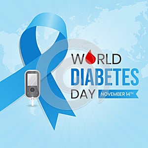 World Diabetes Day November 14th with blue ribbon and glucose meter illustration