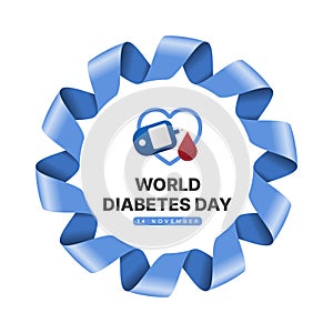 World diabetes day - Text and glucose testing red blood drop on line heart sign in blue circle ribbon roll waving frame vector