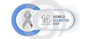 World diabetes day text on white curve conner frame with dot texture background and gray ribbon with drop blood sign in blue