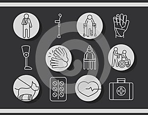 World disability day, disabled people medical equipment linear icons set design