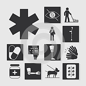 World disability day, medical orthopedic and medicine equipment, silhouette icons set design