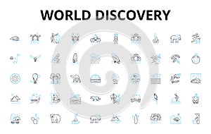 world discovery linear icons set. Exploration, Geology, Biodiversity, Anthropology, Archaeology, History, Ecology vector