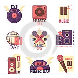 World Dj day set of vector vintage emblems,labels badges and logos of music.Vinyl, microphone, headphone objects retro style