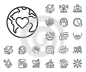 World donation line icon. Global charity sign. Online doctor, patient and medicine. Vector