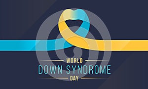 World down syndrom day banner with blue and yellow heart ribbon sign vector design