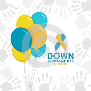 World down syndrom day banner with yellow and blue balloon ribbon sign on abstract hand paint texture background vector design photo