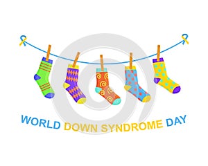 World Down syndrome day banner. Different colorful odd socks hanging on the rope as a symbol for WDSD. Vector cartoon