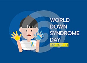 World down syndrome day banner with down syndrome child boy character are yellow and blue hand paint vector design