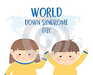 World down syndrome day funny girl and boy map background