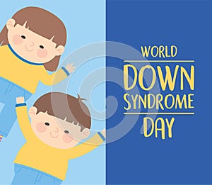 World down syndrome day happy girl and boy characters card